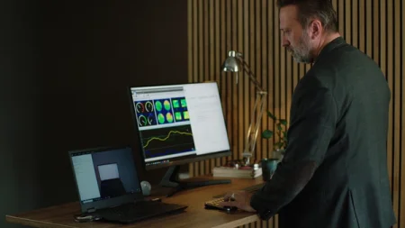 Neuroscientist Dr. Thomas Zoëga Ramsøy stands at his desk looking at a computer monitor showing study results, with charts and graphs of brain wave activity