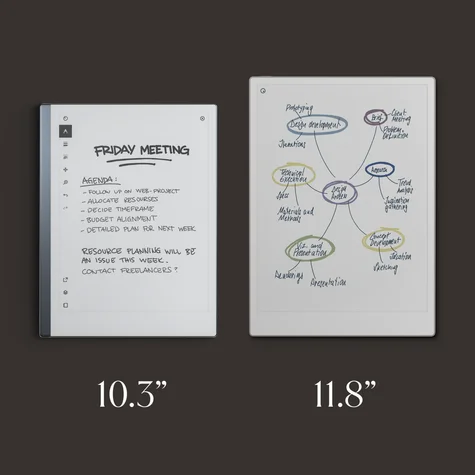 A side by side comparison of the display sizes of reMarkable 2 (10.3 inches) and reMarkable Paper Pro (11.8 inches).