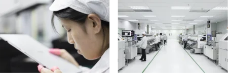 An employee working in quality control testing a display (left), a view of the facility (right)