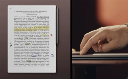 A split-screen image of a reMarkable Paper Pro and a hand performing gestures on the paper tablet.